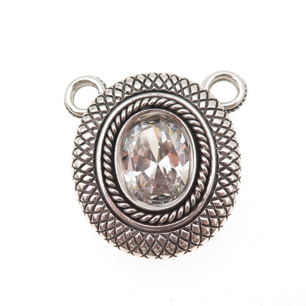 925 Sterling Silver Vintage Oval-Cut C Z Oxidized Centerpiece Slide Pendant