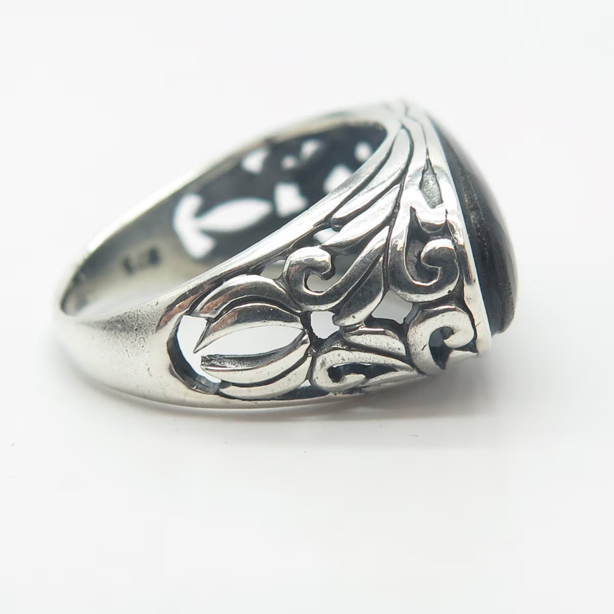 925 Sterling Silver Vintage Real Black Onyx Gemstone Elongated Ring Size 7.5