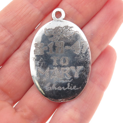 925 Sterling Silver Antique Art Deco St. Bernard Medal Oxidized Charm Pendant