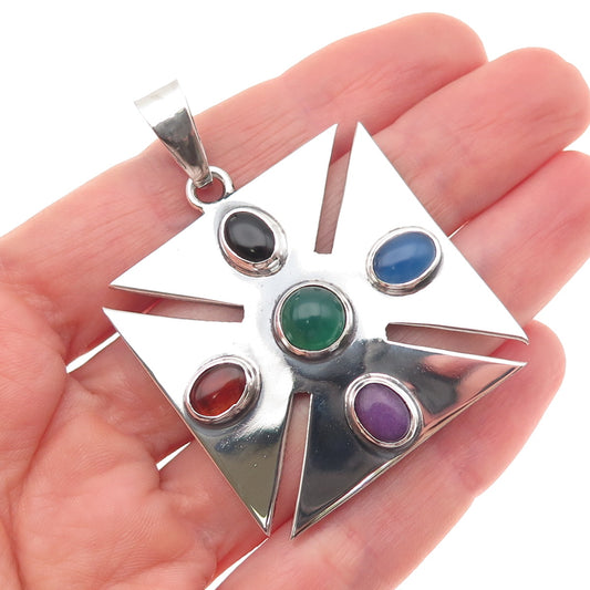 925 Sterling Silver Vintage Mexico Real Multi-Color Gem Cross Pendant