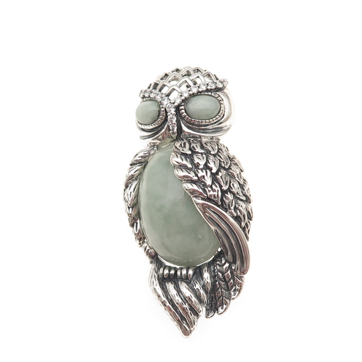 925 Sterling Silver Vintage Real Jade & C Z Owl Bird Oxidized Slide Pendant
