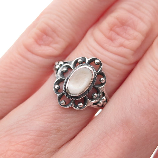 Chapal Zenray 925 Sterling Silver Vintage Real MOP Floral Oxidized Ring Size 5