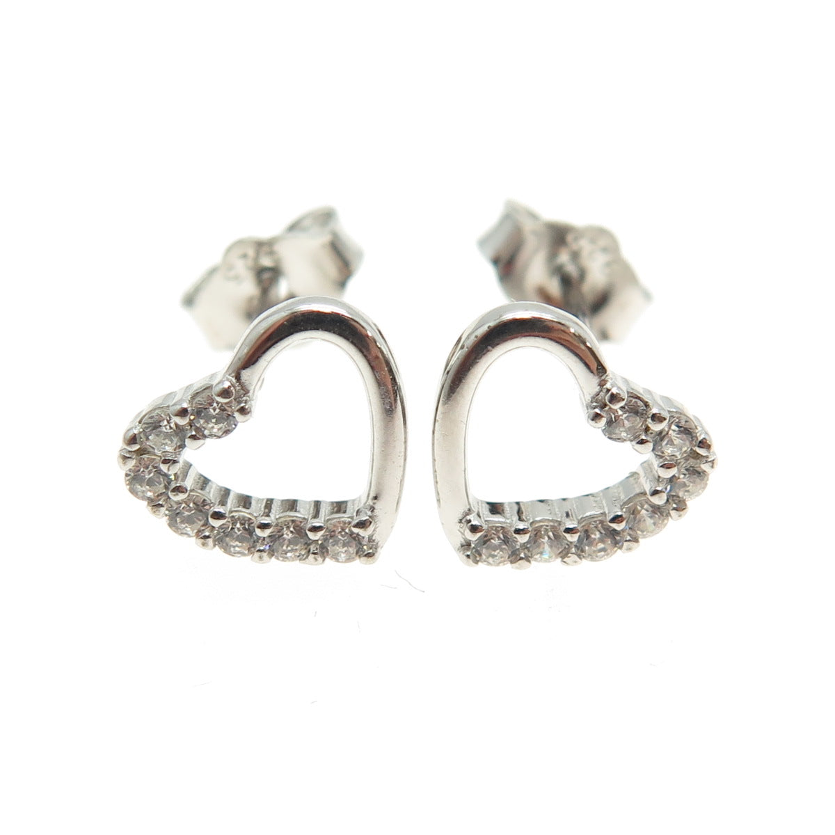 925 Sterling Silver Round-Cut C Z Heart Stud Earrings