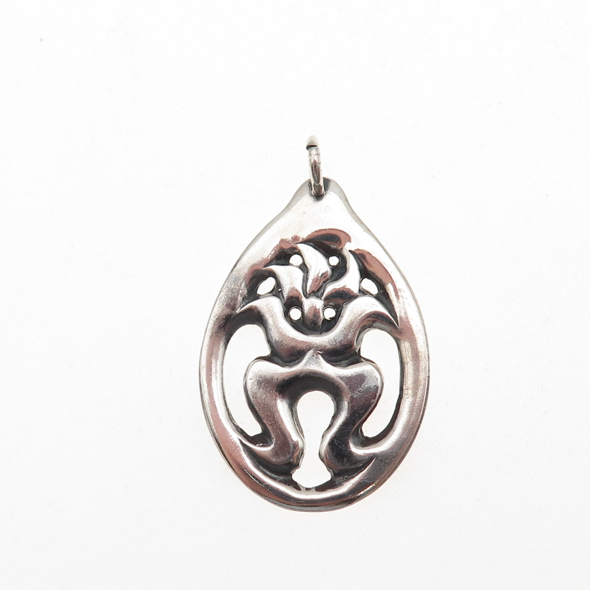 925 Sterling Silver Vintage Modernist Floral Teardrop Oxidized Charm Pendant