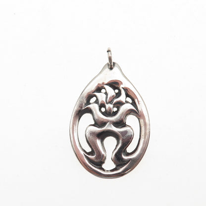925 Sterling Silver Vintage Modernist Floral Teardrop Oxidized Charm Pendant