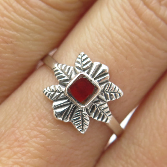 925 Sterling Silver Vintage Real Carnelian Floral Leaf Oxidized Ring Size 7.5