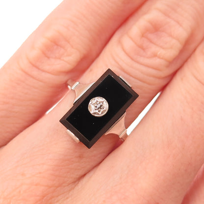 925 Sterling Antique Art Deco Real Diamond Accent & Black Onyx Ring Size 5.75
