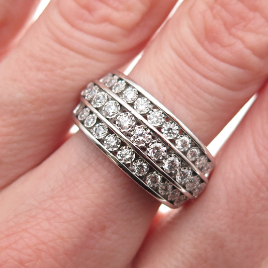 925 Sterling Silver Round-Cut C Z 3-Row Ring Size 7.25