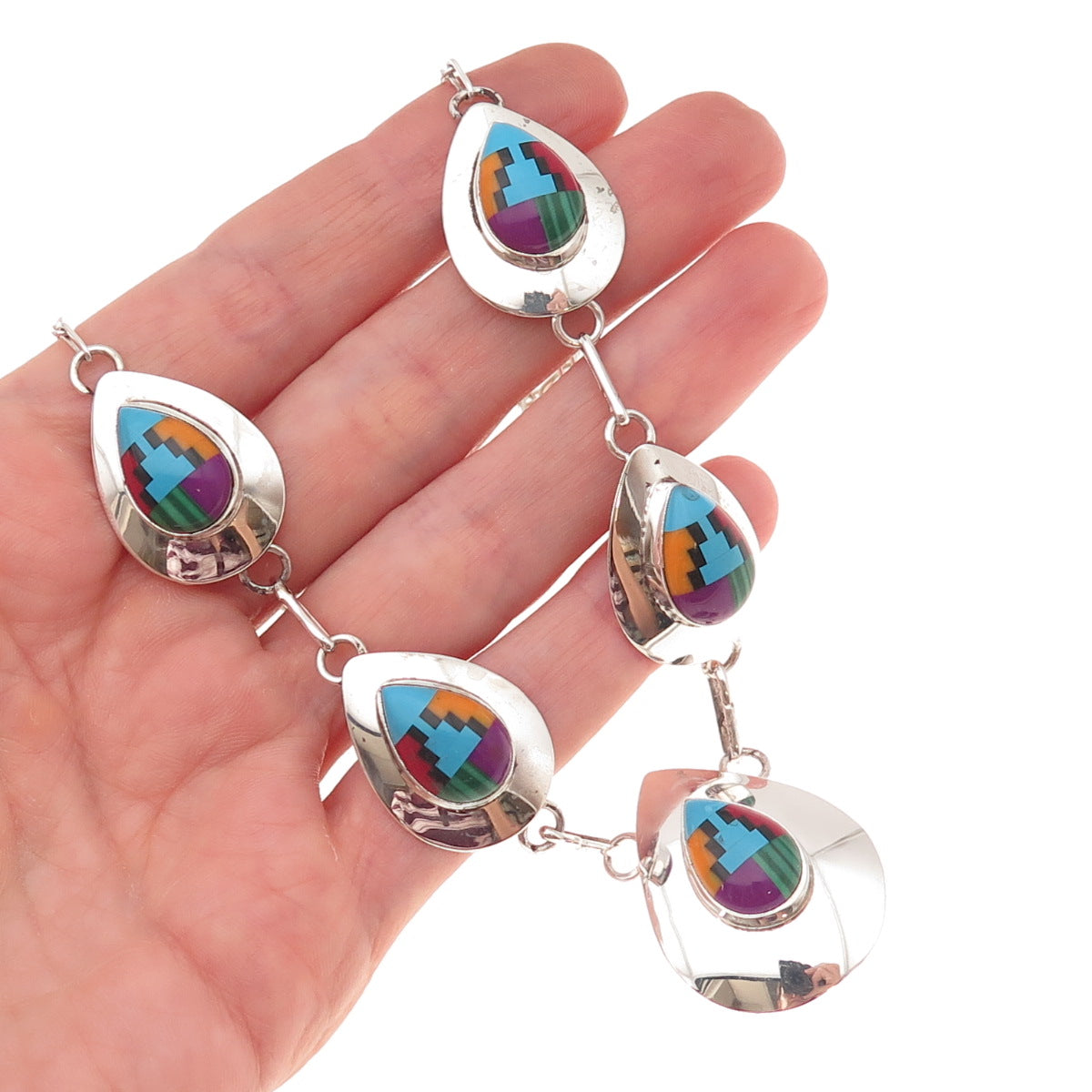 Old Pawn 925 Sterling Silver Vintage RWJ Zuni Multi-Gem Chain Necklace 20"