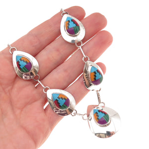 Old Pawn 925 Sterling Silver Vintage RWJ Zuni Multi-Gem Chain Necklace 20"
