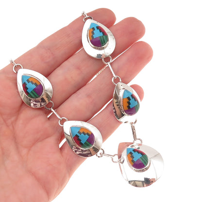 Old Pawn 925 Sterling Silver Vintage RWJ Zuni Multi-Gem Chain Necklace 20"