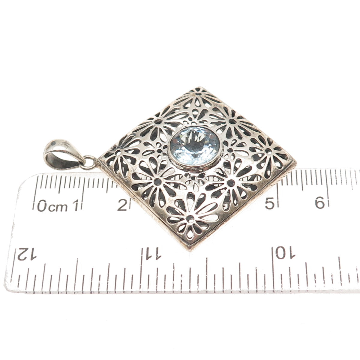 925 Sterling Silver Vintage Real Blue Topaz Floral Oxidized Charm Pendant