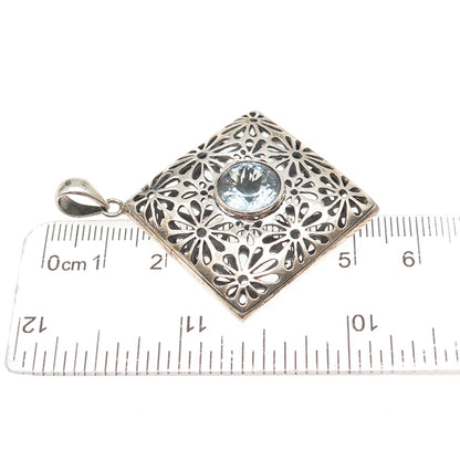 925 Sterling Silver Vintage Real Blue Topaz Floral Oxidized Charm Pendant