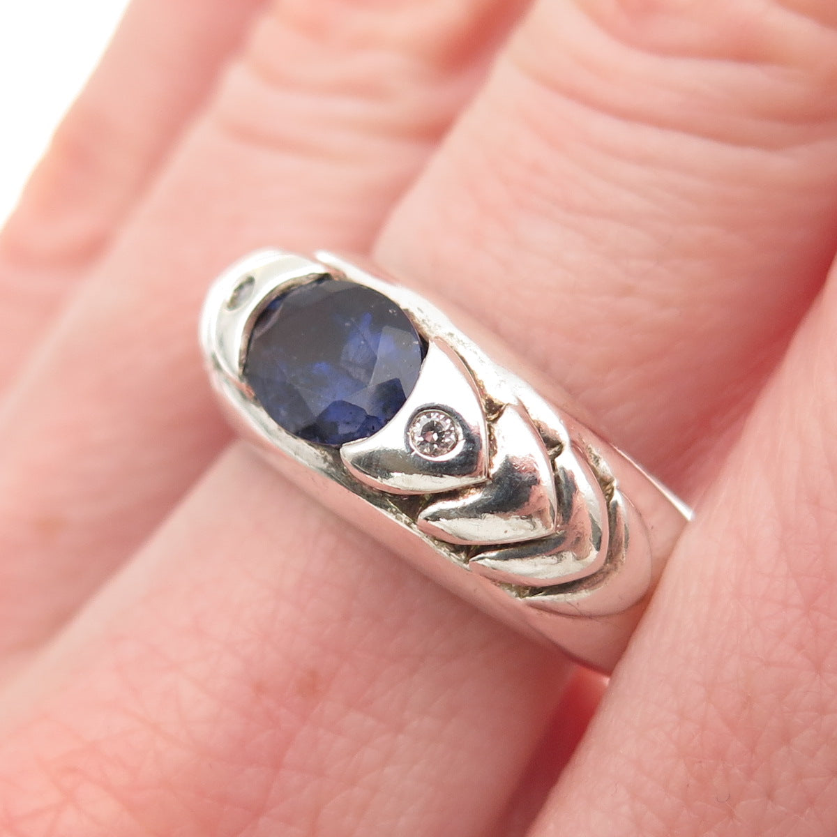925 Sterling Silver Vintage Real Iolite & C Z Modernist Ring Size 9