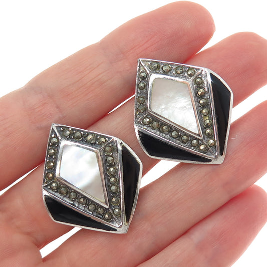 925 Sterling Silver Vintage Real MOP Black Onyx & Marcasite Clip On Earrings