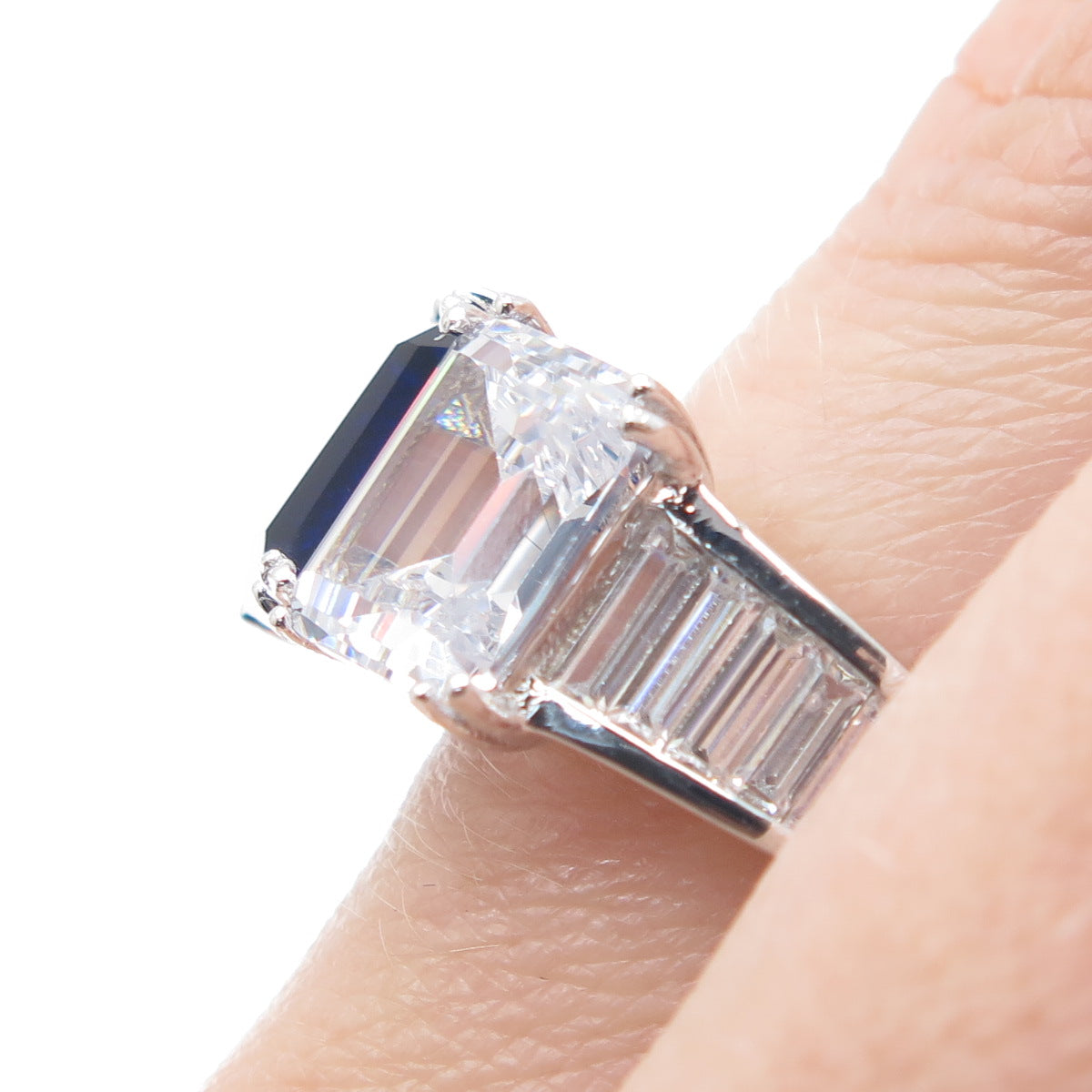 DSMK 925 Sterling Silver White & Blue Emerald-Cut Shaped C Z Ring Size 7.25