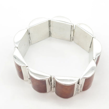925 Sterling Silver Vintage Real Amber Tennis Panel Link Bracelet 7"