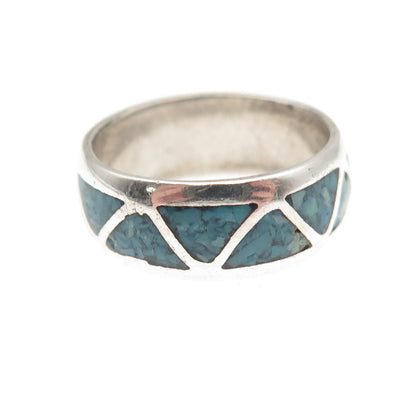 Old Pawn Sterling Silver Vintage Southwestern Turquoise Inlay Band Ring Size 7