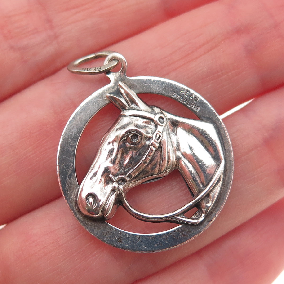 Beau 925 Sterling Silver Antique Art Deco Horse Oxidized Charm Pendant