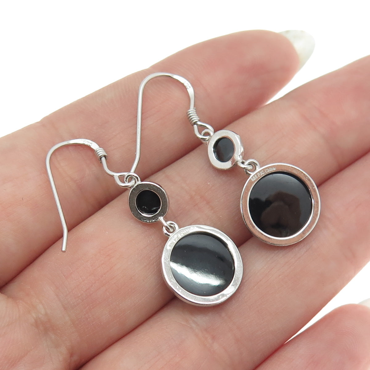 925 Sterling Silver Vintage Real Black Spinel Gemstone Dangle Earrings