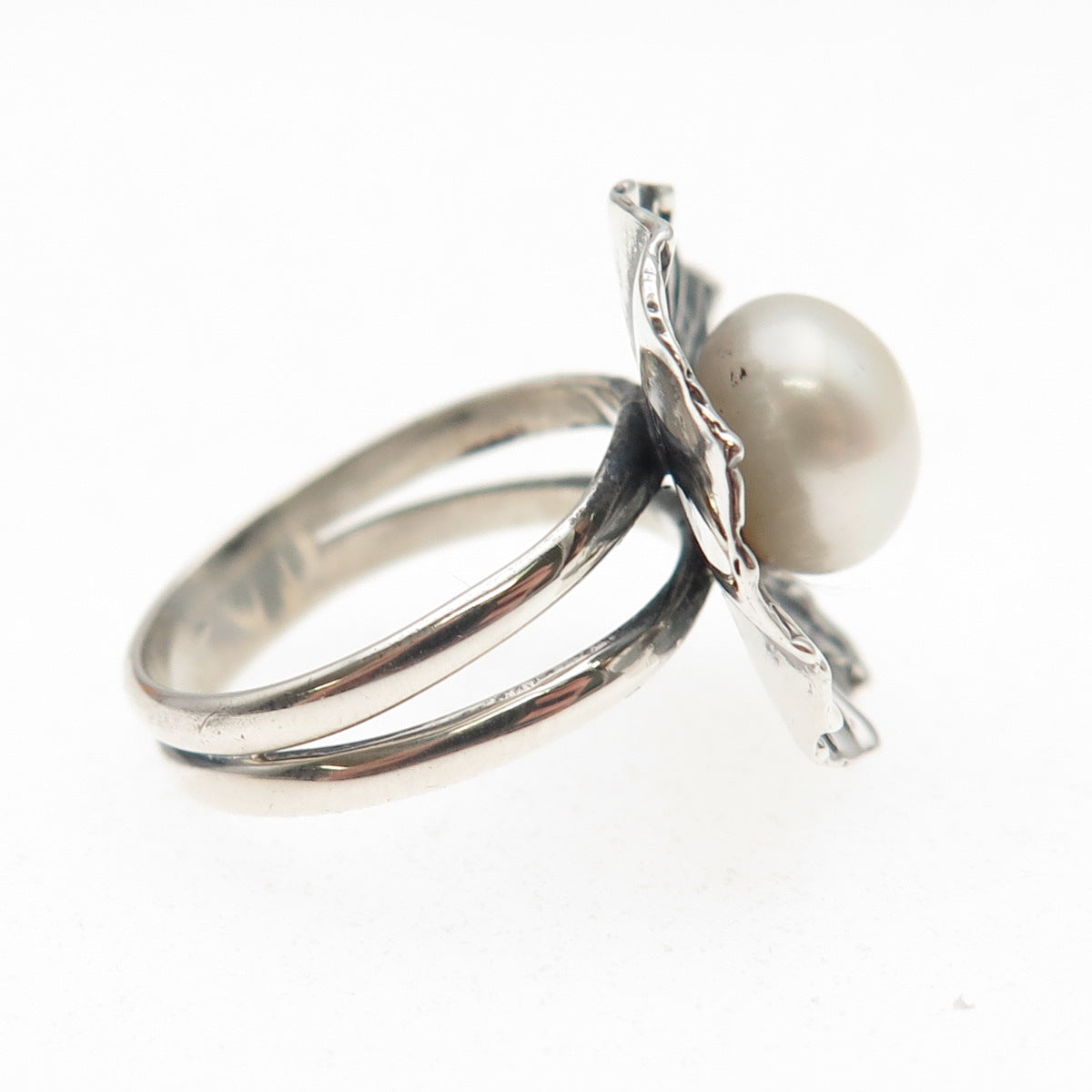 H & BJ Mackie 925 Sterling Vintage Real Pearl Modernist Oxidized Ring Size 5.25