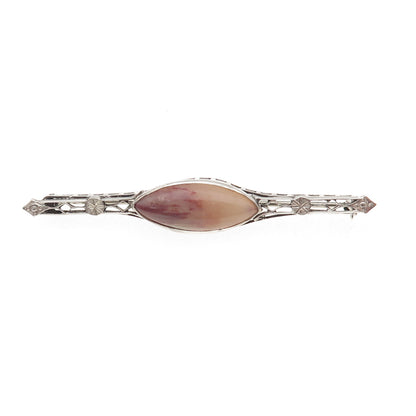 925 Sterling Silver Antique Art Deco Real Agate Oxidized Pin Brooch