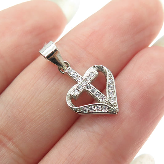 925 Sterling Silver Round-Cut Shaped C Z Cross in Heart Pendant