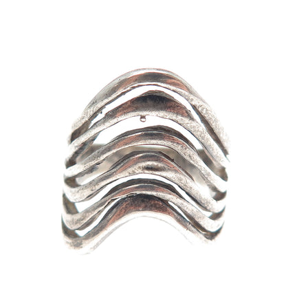 925 Sterling Silver Vintage Modernist Multi-Row Wavy Oxidized Ring Size 8