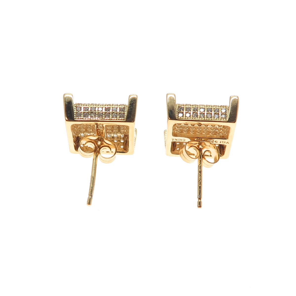 925 Sterling Silver Gold Plated Round-Cut C Z Square Stud Earrings