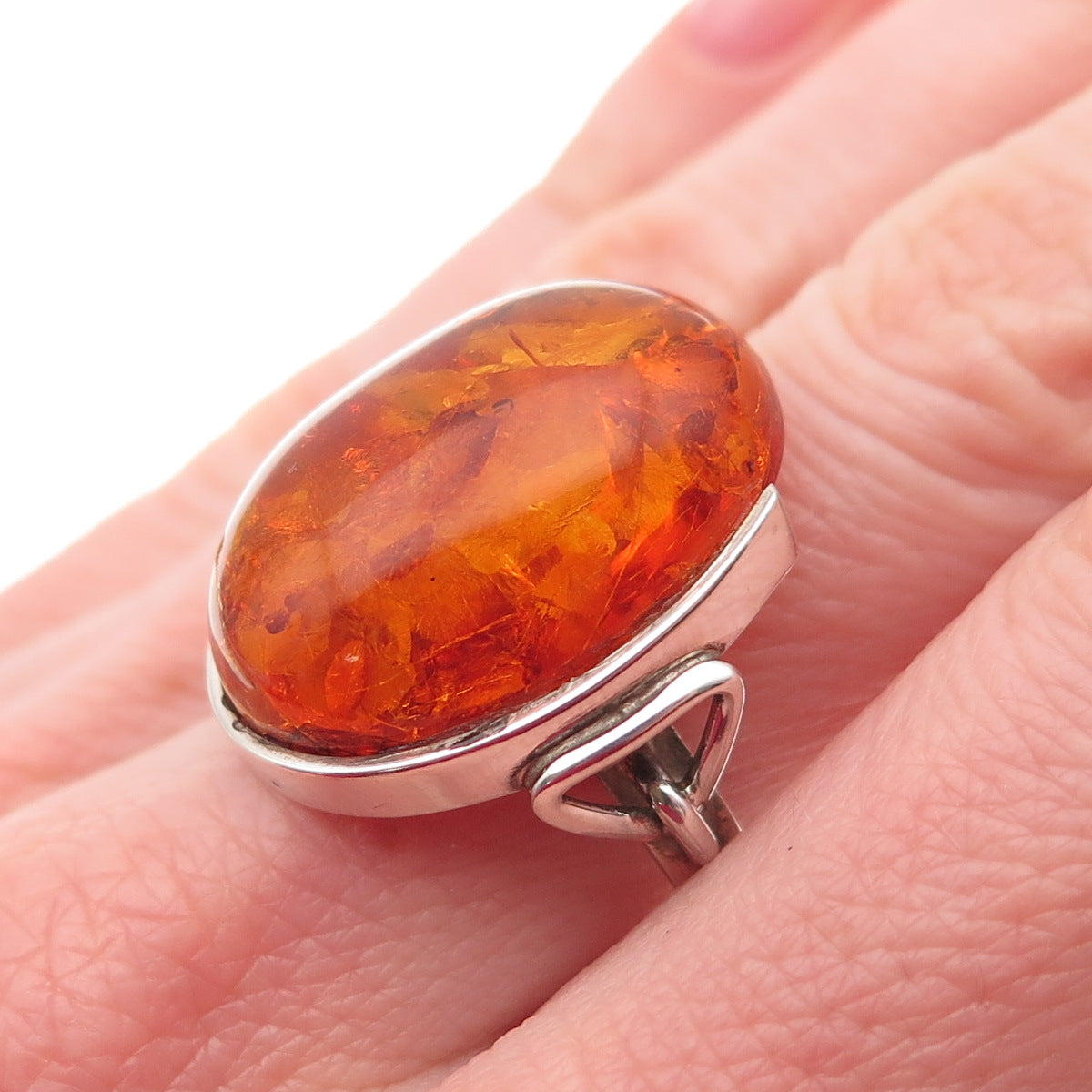 925 Sterling Silver Vintage Real Cabochon Amber Modernist Ring Size 8