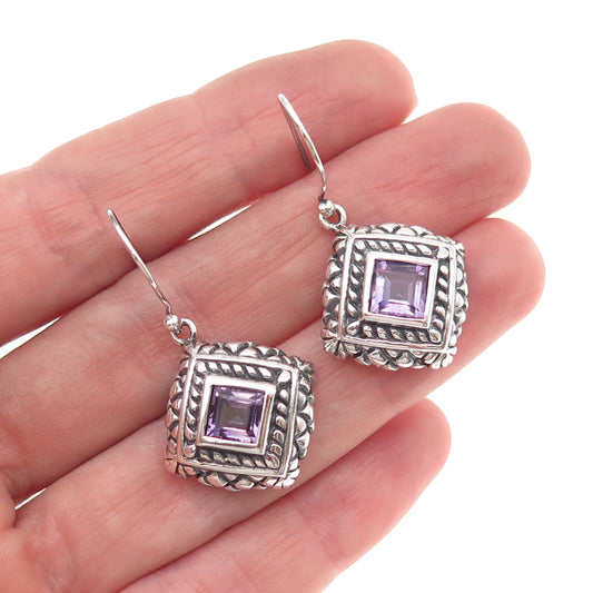 925 Sterling Silver Vintage Real Amethyst Oxidized Dangle Earrings