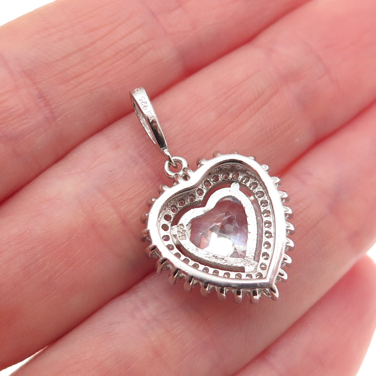925 Sterling Silver Heart & Round-Cut C Z Charm Pendant