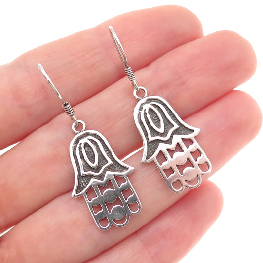 925 Sterling Silver Vintage Tulip Floral Hamsa Amulet Oxidized Dangle Earrings