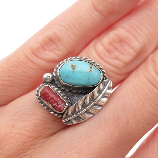 925 Sterling Silver Vintage Real Turquoise & Coral Feather Oxidized Ring Size 5