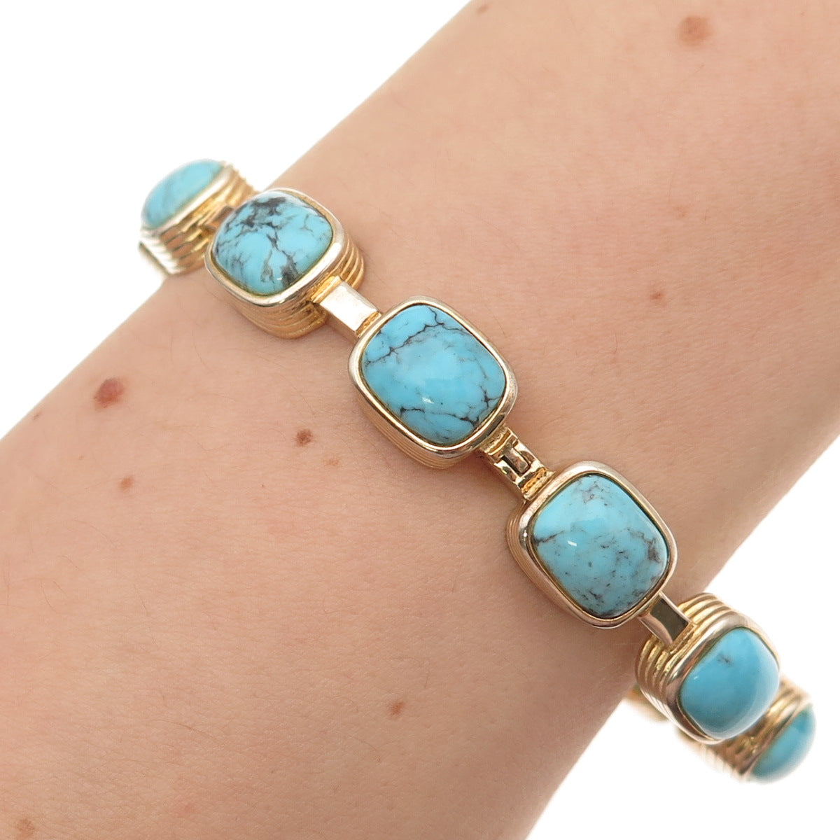 925 Sterling Silver Gold Plated Real Tyrone Turquoise Station Bangle Bracelet 8"