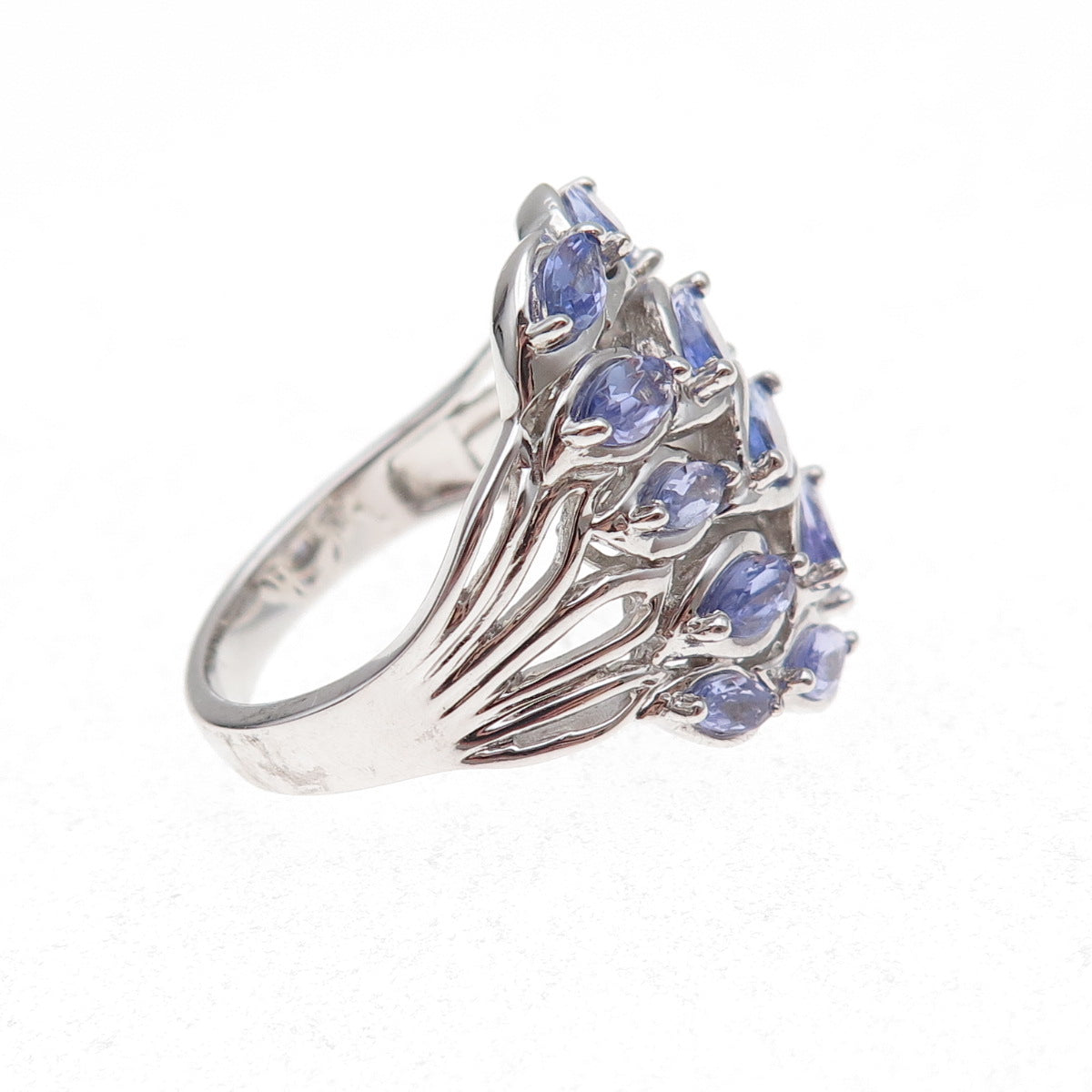 925 Sterling Silver Real Marquise-Cut Tanzanite Cluster Ring Size 8.25