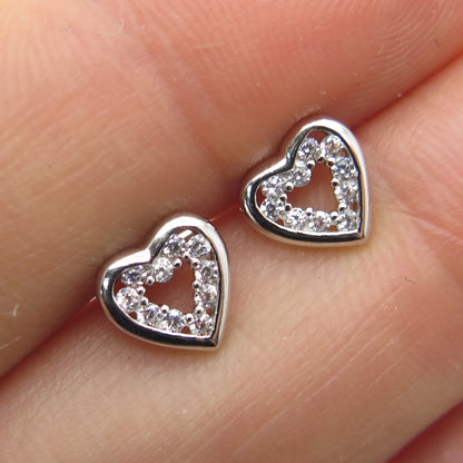 925 Sterling Silver Round-Cut C Z Heart Stud Earrings