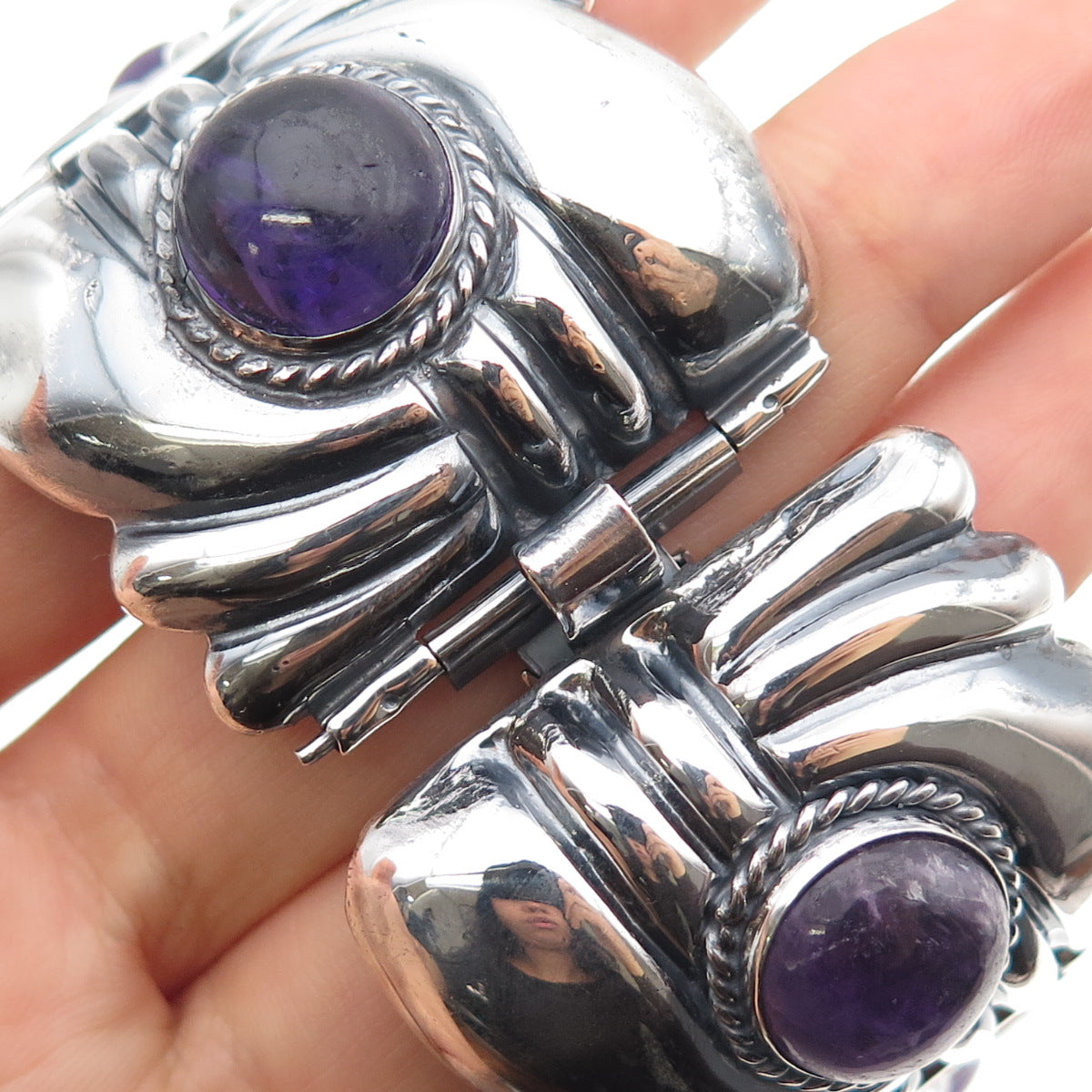 925 Sterling Silver Vintage Real Amethyst Modernist Heavy 106.3g Bracelet 7.5"