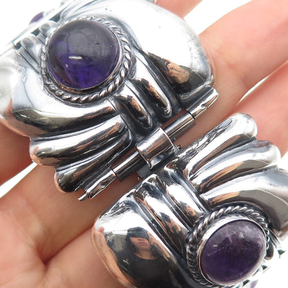 925 Sterling Silver Vintage Real Amethyst Modernist Heavy 106.3g Bracelet 7.5"