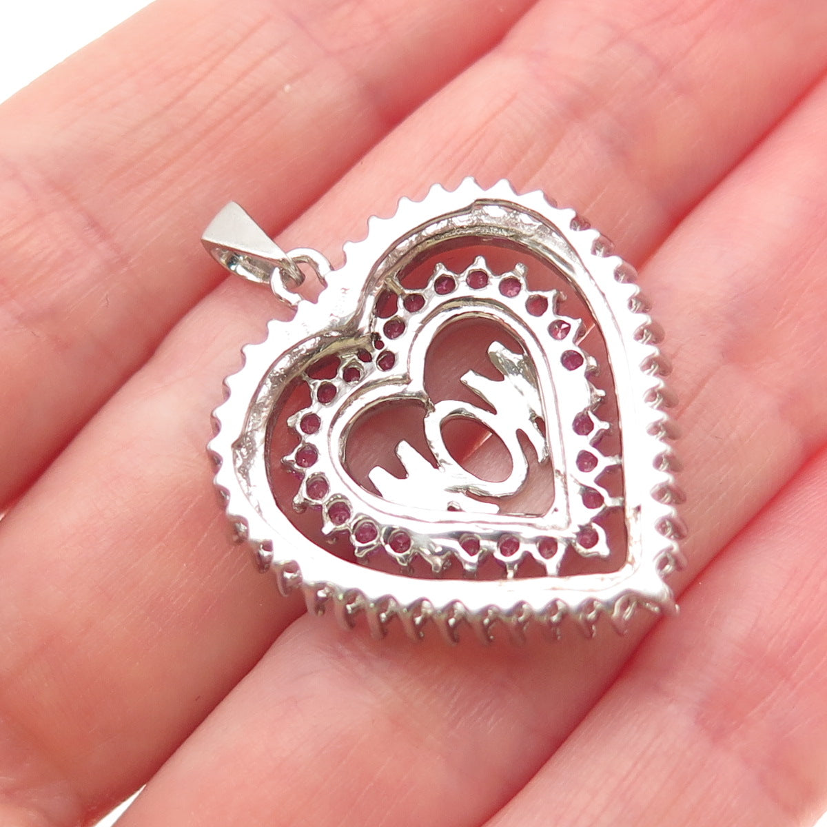 JANE SEYMOUR Sterling Silver Real Pink Sapphire & White Topaz Mom Heart Pendant