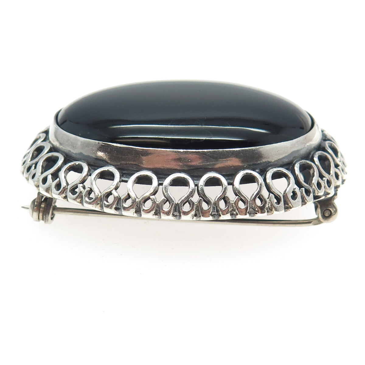925 Sterling Silver Vintage Mexico Real Black Onyx Gemstone Pin Brooch