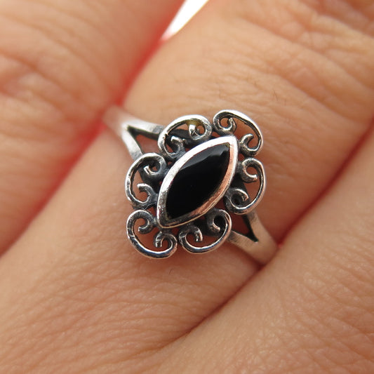 925 Sterling Silver Vintage Real Black Onyx Filigree Oxidized Ring Size 6.25