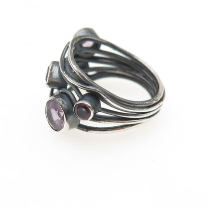 925 Sterling Silver Vintage Real Amethyst Modernist Oxidized Ring Size 7
