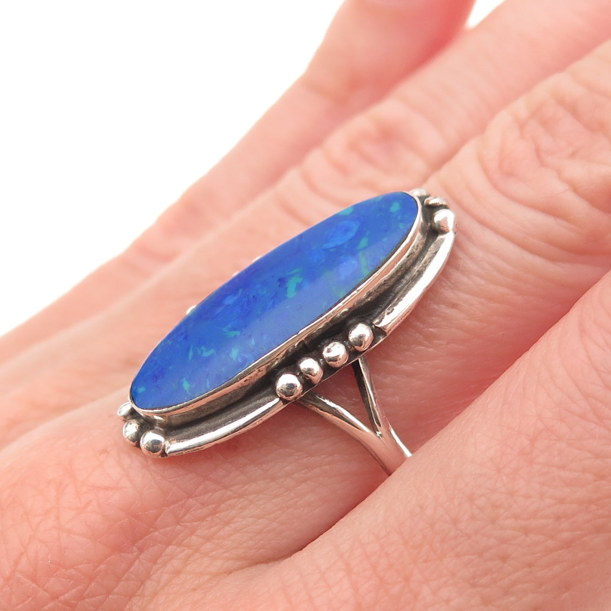 925 Sterling Silver Vintage Mexico Real Azurite Oxidized Ring Size 7.75