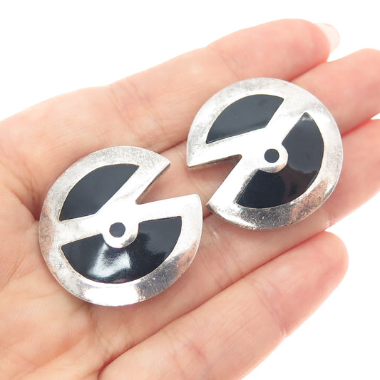925 Sterling Silver Vintage Mexico Real Black Onyx Modernist Clip On Earrings