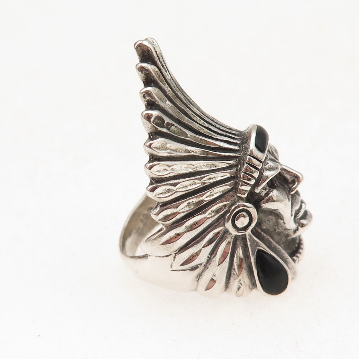 Ted Ott 925 Sterling Silver Vintage Real Black Onyx Indian Chief Ring Size 5.75