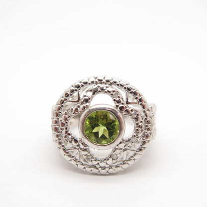 925 Sterling Silver Real White Diamond & Peridot Gem Ornate Round Ring Size 8