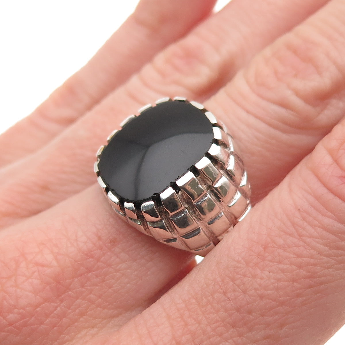 925 Sterling Silver Vintage Real Black Onyx Oxidized Signet Ring Size 8.75