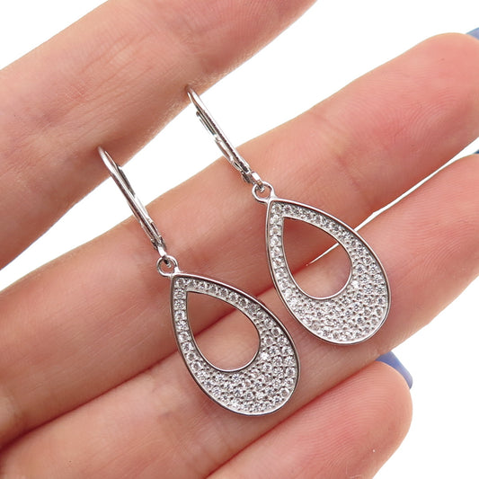 925 Sterling Silver Round-Cut C Z Teardrop Dangle Earrings