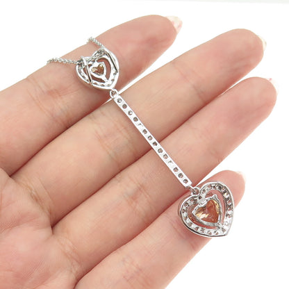 925 Sterling Silver Heart & Round-Cut Champagne White C Z Chain Necklace 18"